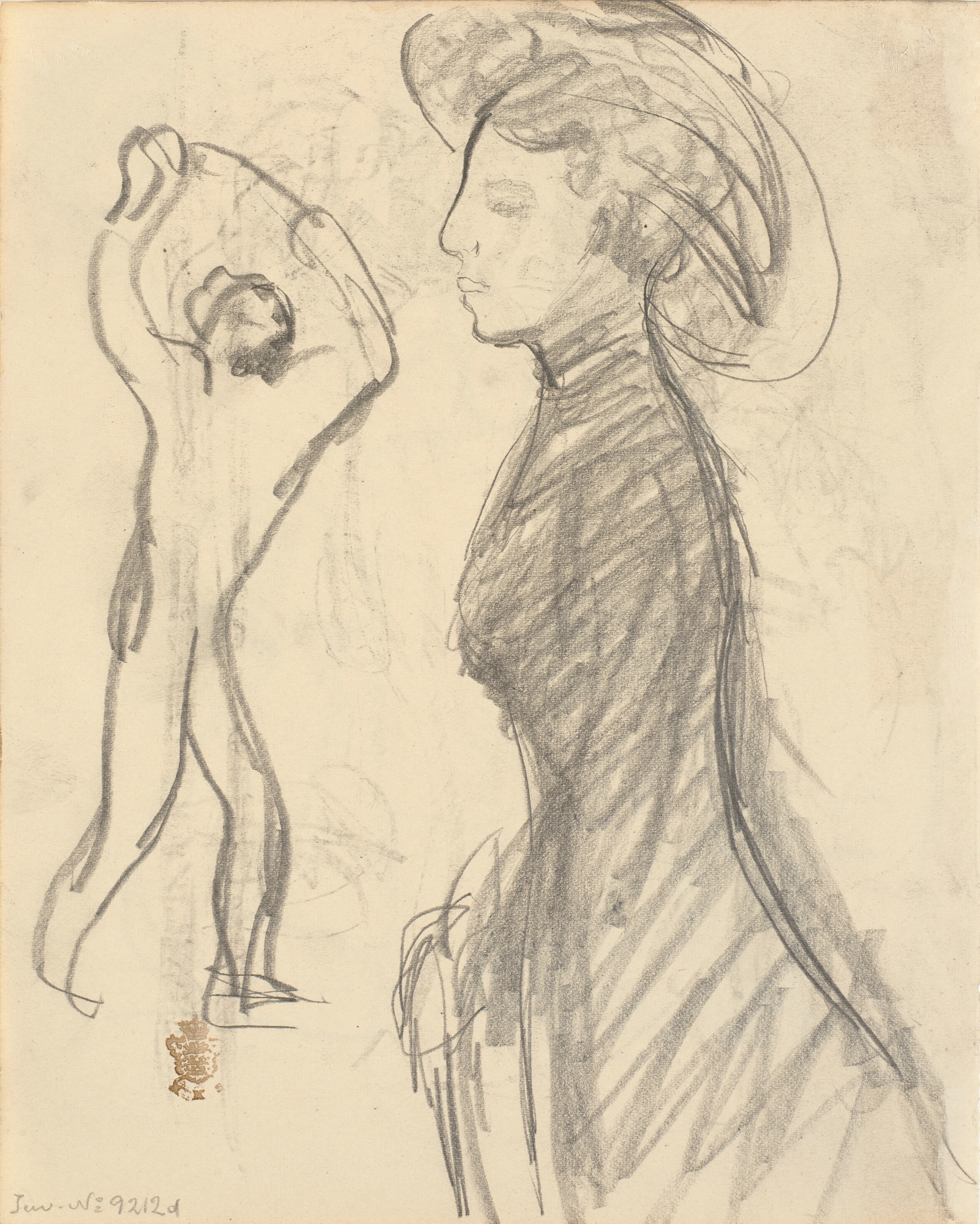 Nøgen mandsskikkelse og gående kvinde i profil